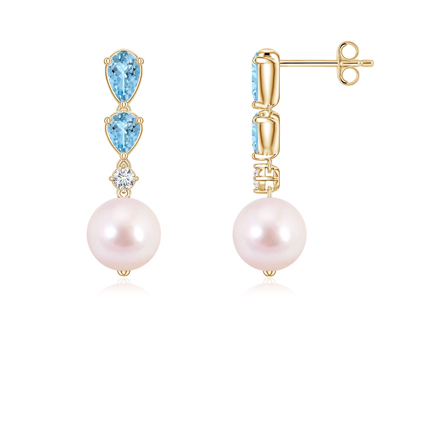 7mm AAAA Akoya Pearl and Graduated Pear Aquamarine Drop Earrings in Yellow Gold