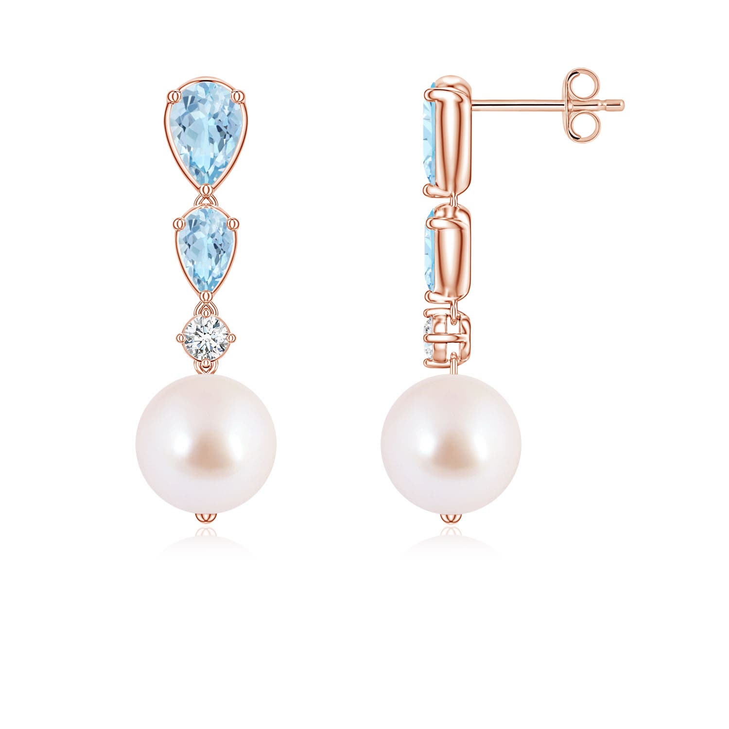 8mm AAA Akoya Pearl and Graduated Pear Aquamarine Drop Earrings in Rose Gold