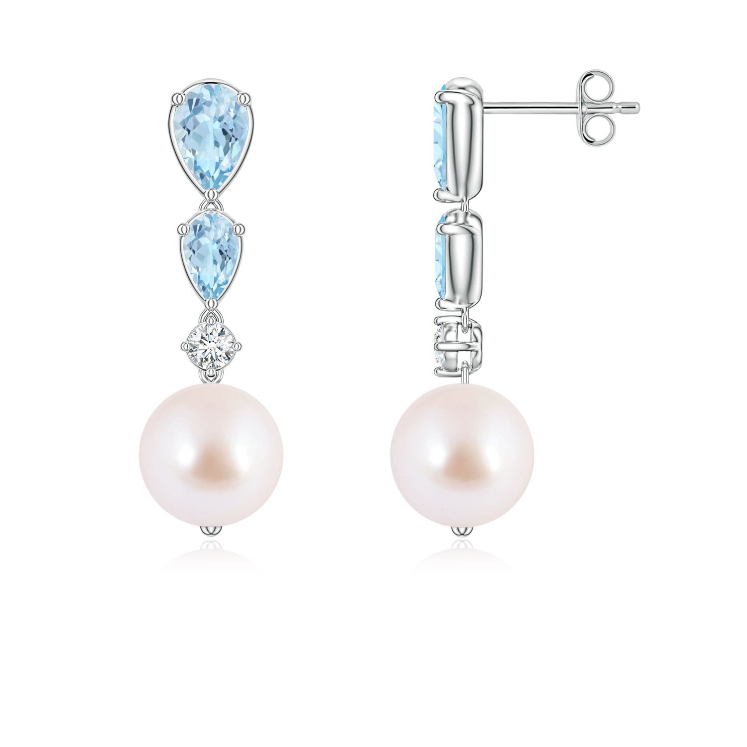 8mm AAA Akoya Pearl and Graduated Pear Aquamarine Drop Earrings in White Gold