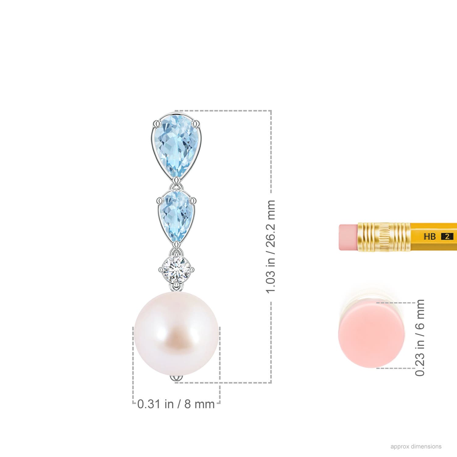 8mm AAA Akoya Pearl and Graduated Pear Aquamarine Drop Earrings in White Gold - ruler