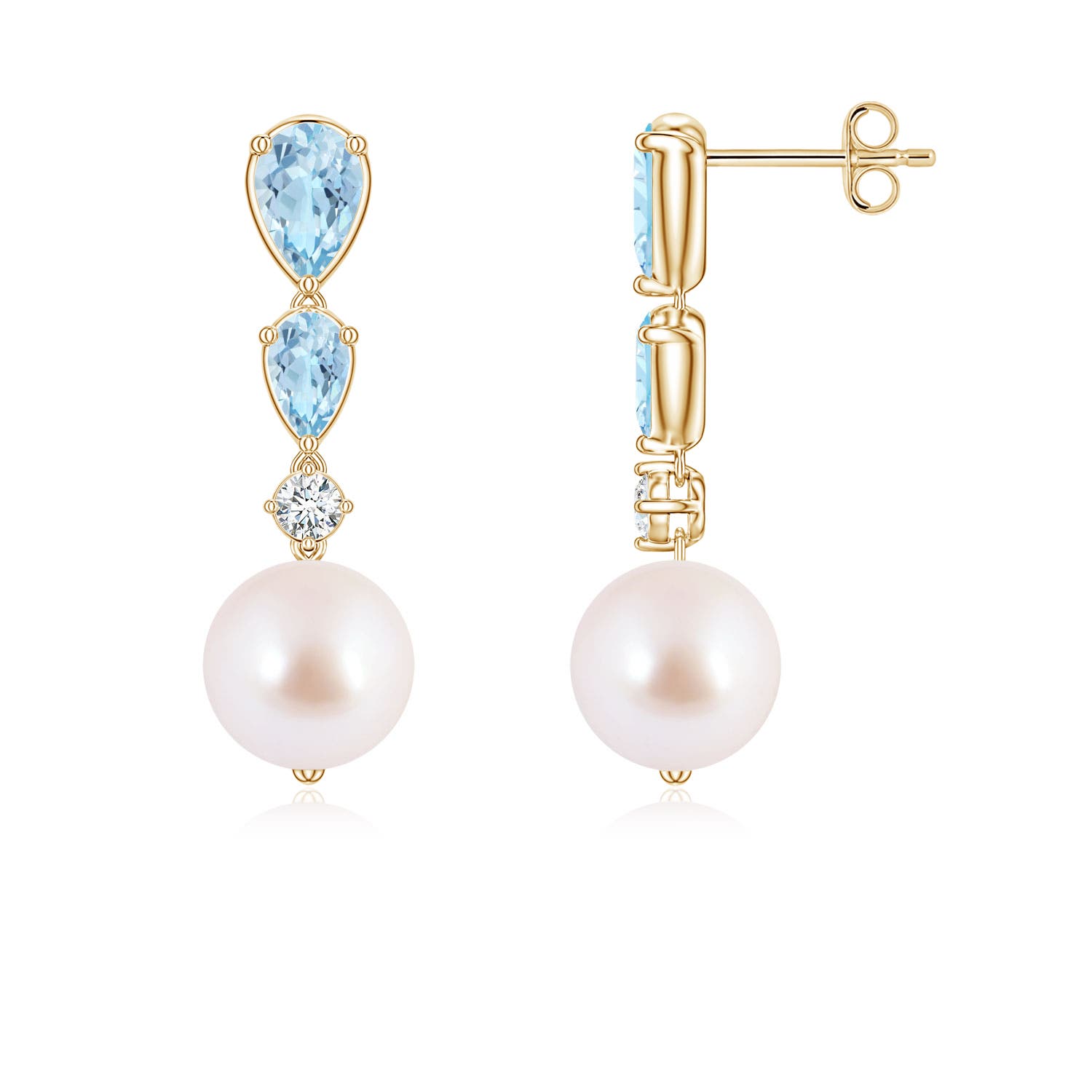 8mm AAA Akoya Pearl and Graduated Pear Aquamarine Drop Earrings in Yellow Gold