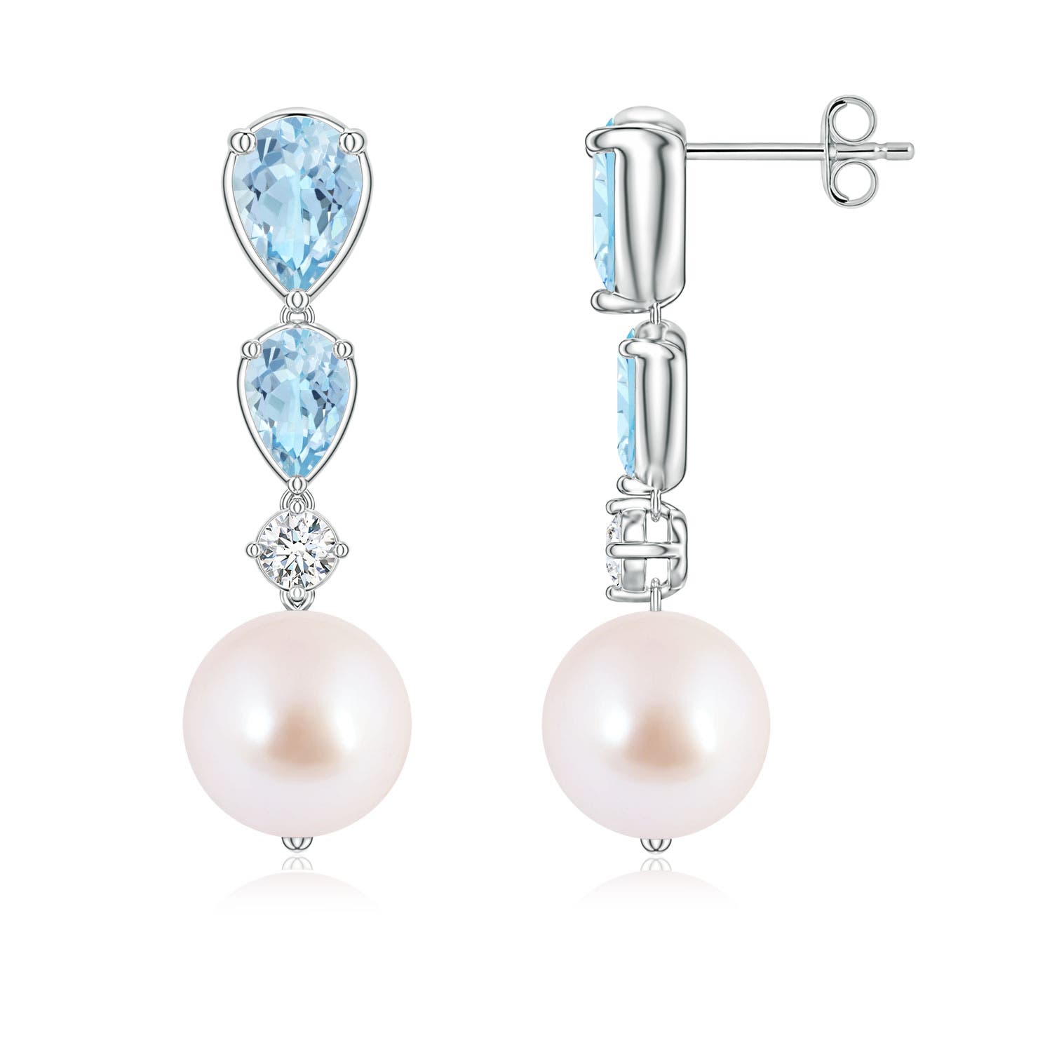 9mm AAA Akoya Pearl and Graduated Pear Aquamarine Drop Earrings in White Gold