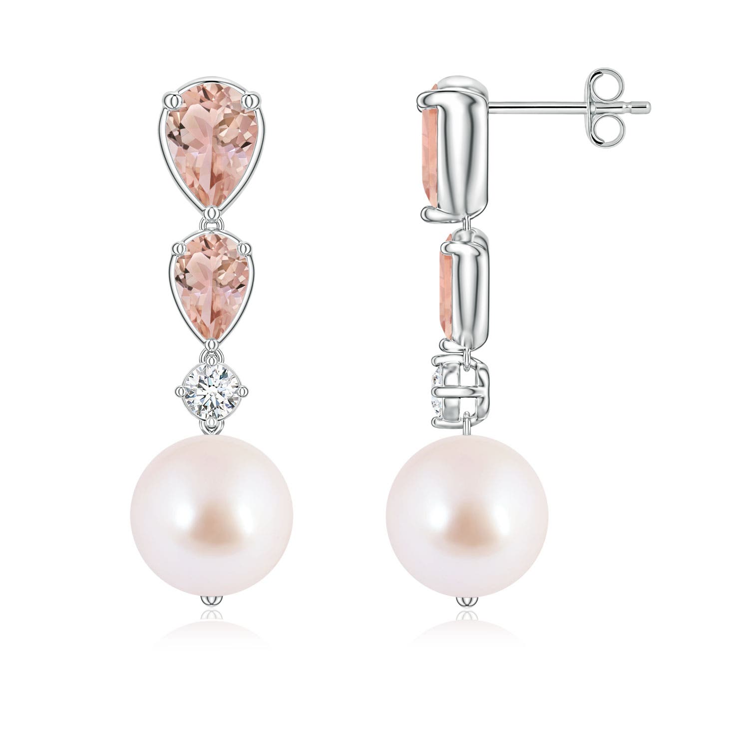 9mm AAA Akoya Pearl and Graduated Pear Morganite Drop Earrings in White Gold