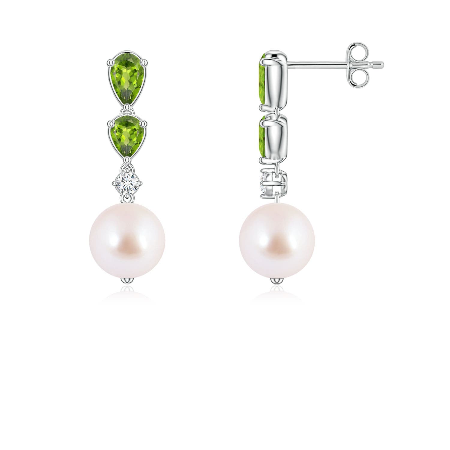 7mm AAA Akoya Pearl and Graduated Pear Peridot Drop Earrings in White Gold