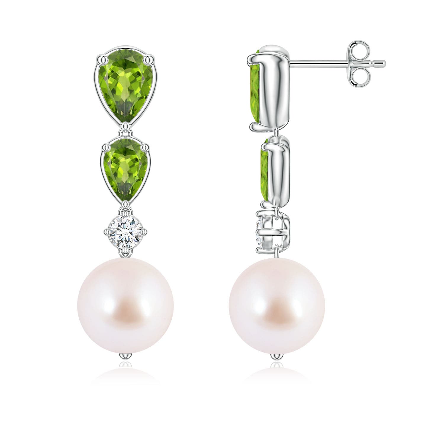 9mm AAA Akoya Pearl and Graduated Pear Peridot Drop Earrings in White Gold