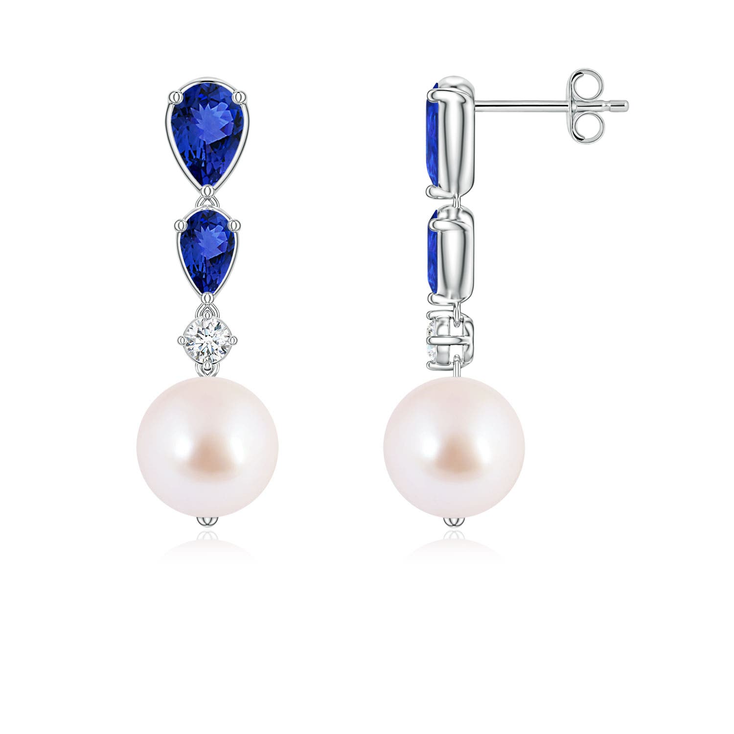 8mm AAA Akoya Pearl and Graduated Pear Tanzanite Drop Earrings in 18K White Gold