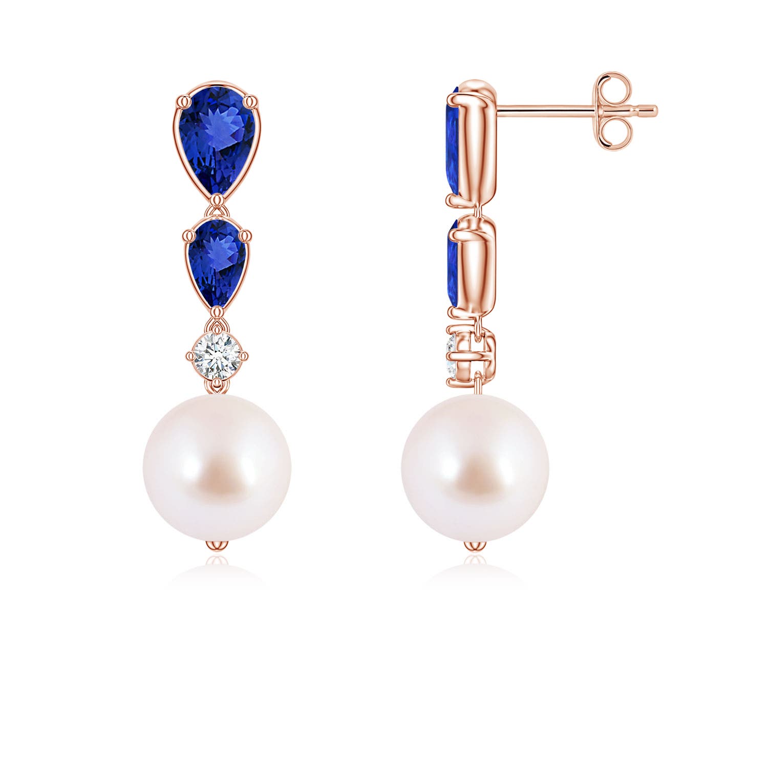 8mm AAA Akoya Pearl and Graduated Pear Tanzanite Drop Earrings in Rose Gold