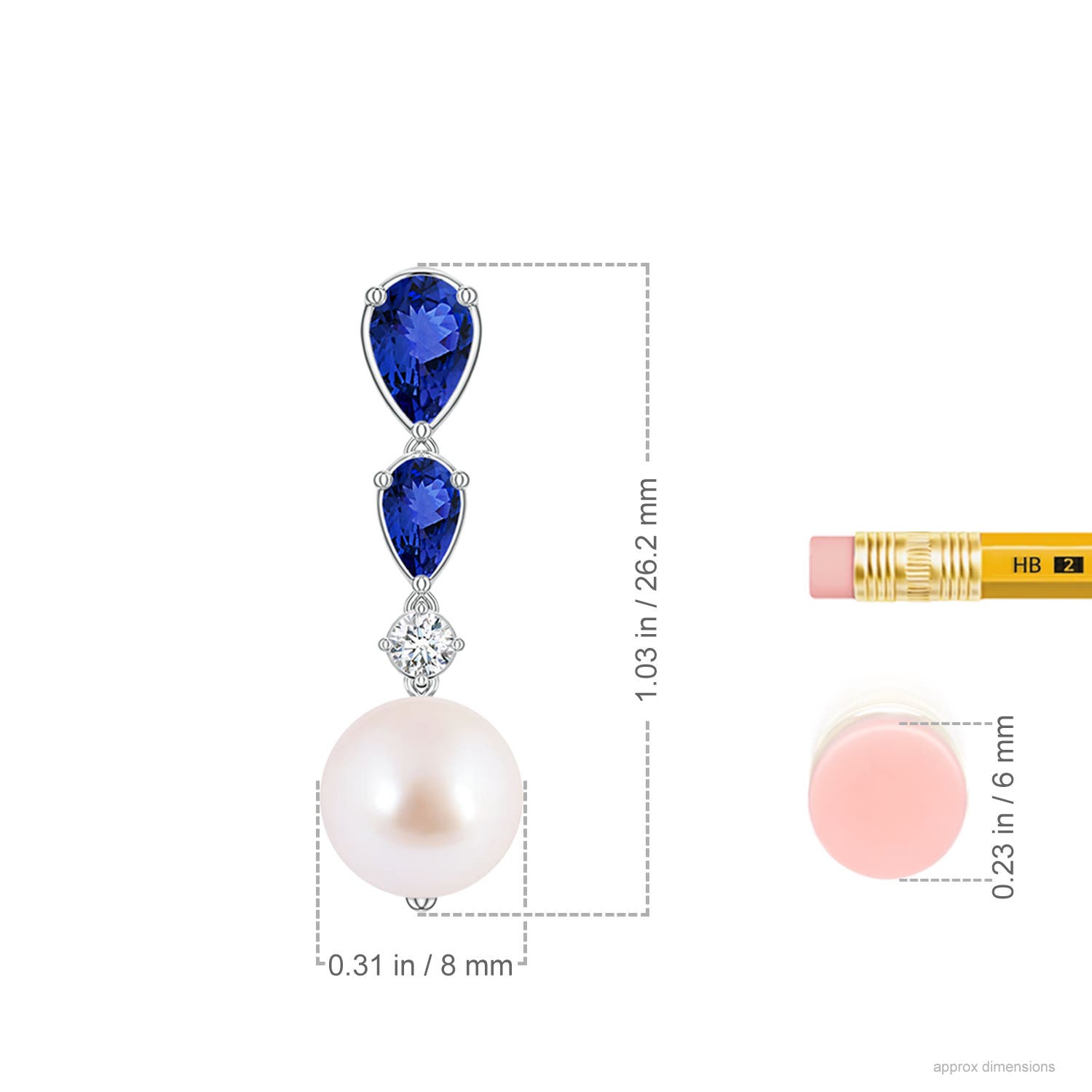 8mm AAA Akoya Pearl and Graduated Pear Tanzanite Drop Earrings in White Gold - ruler