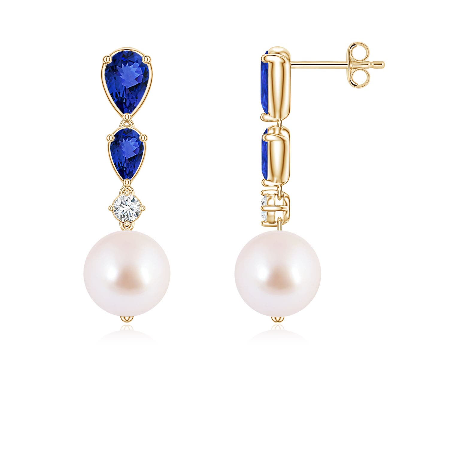 8mm AAA Akoya Pearl and Graduated Pear Tanzanite Drop Earrings in Yellow Gold