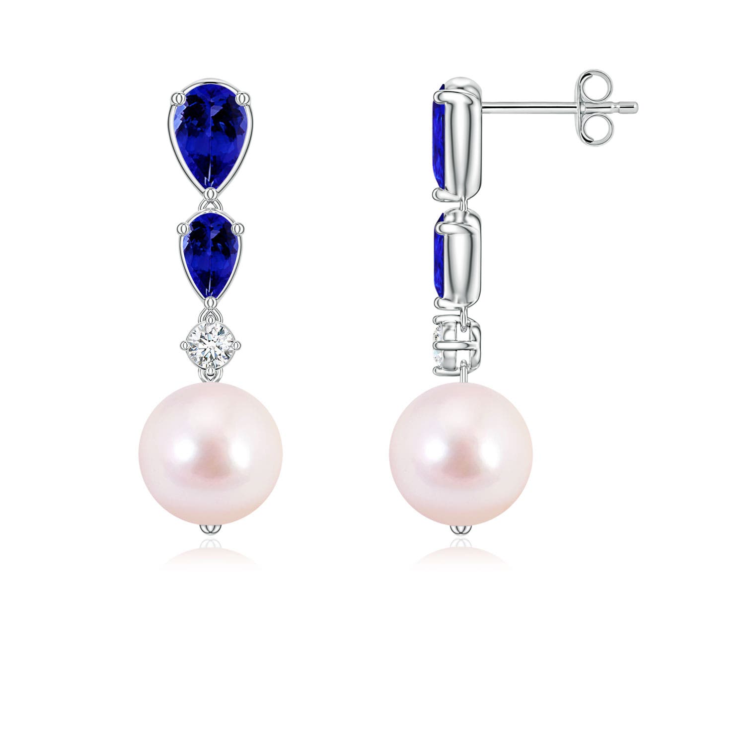 8mm AAAA Akoya Pearl and Graduated Pear Tanzanite Drop Earrings in White Gold