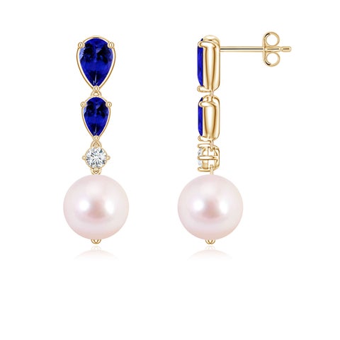 8mm AAAA Akoya Pearl and Graduated Pear Tanzanite Drop Earrings in Yellow Gold