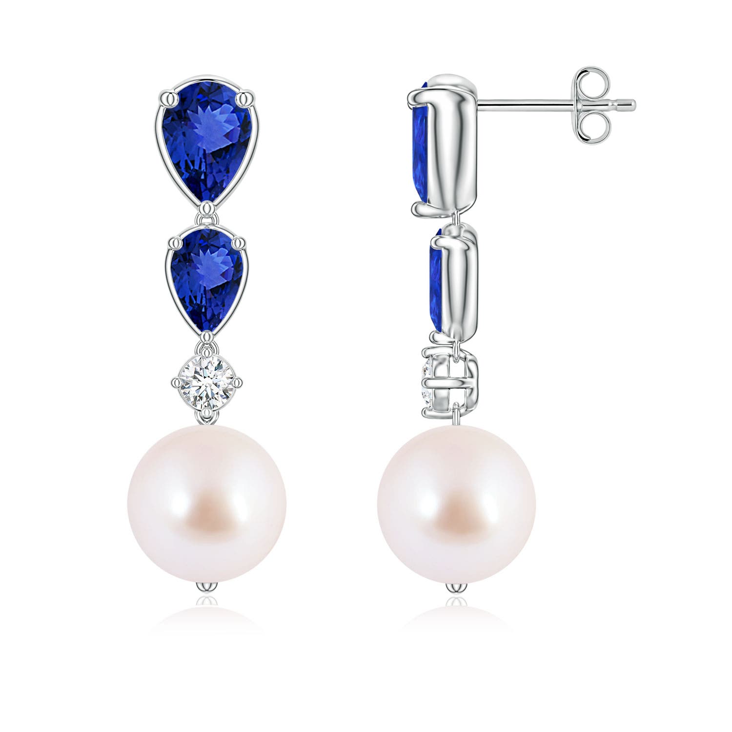 9mm AAA Akoya Pearl and Graduated Pear Tanzanite Drop Earrings in White Gold