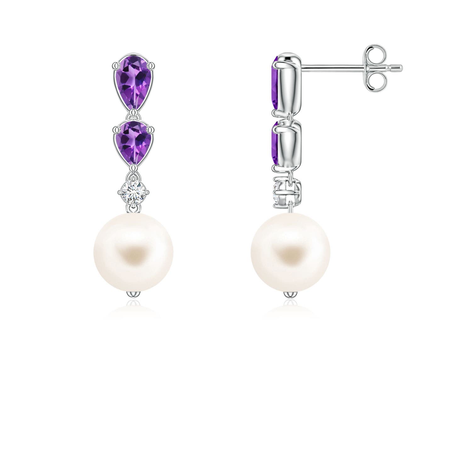 7mm AAA Freshwater Pearl and Graduated Pear Amethyst Drop Earrings in White Gold