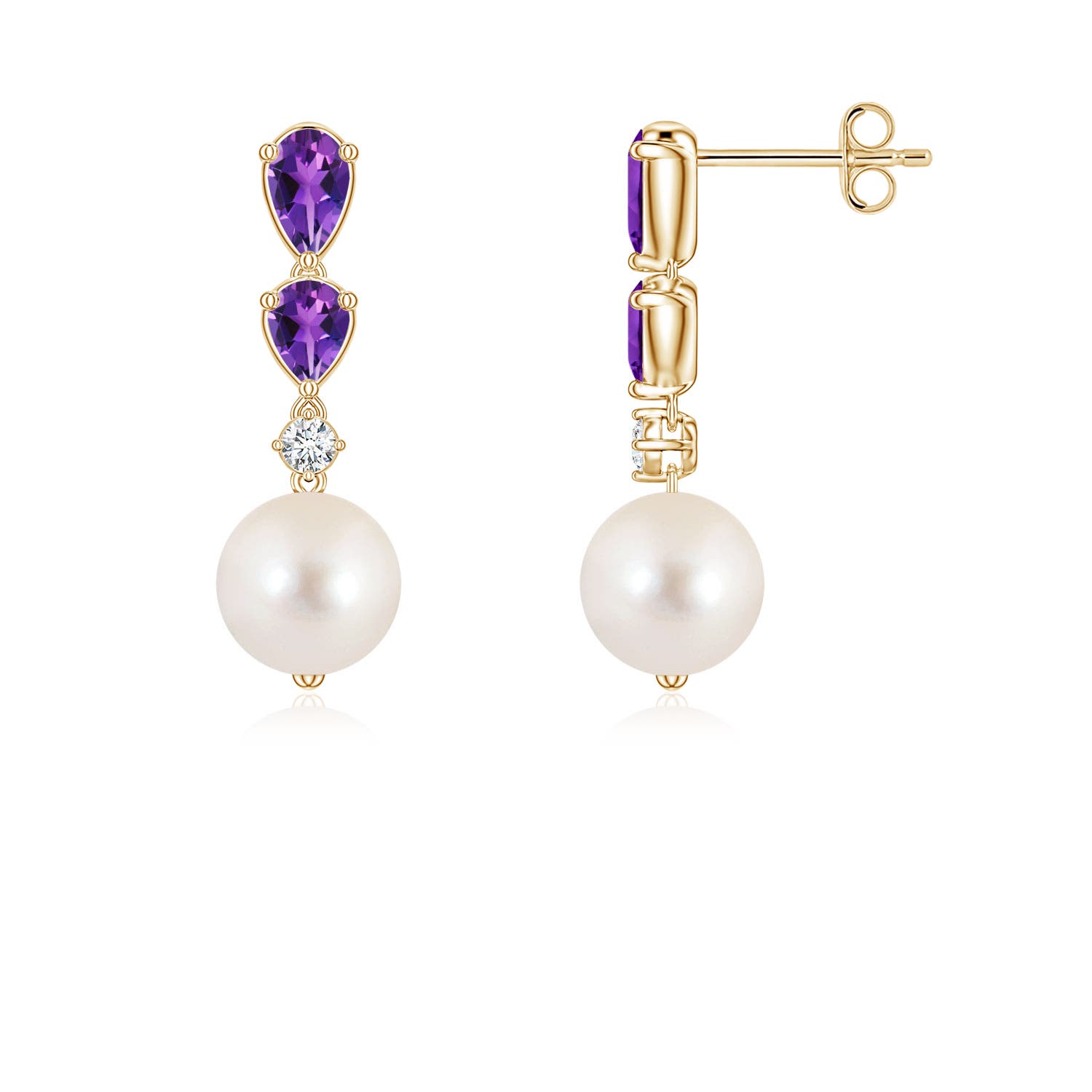 7mm AAAA Freshwater Pearl and Graduated Pear Amethyst Drop Earrings in Yellow Gold