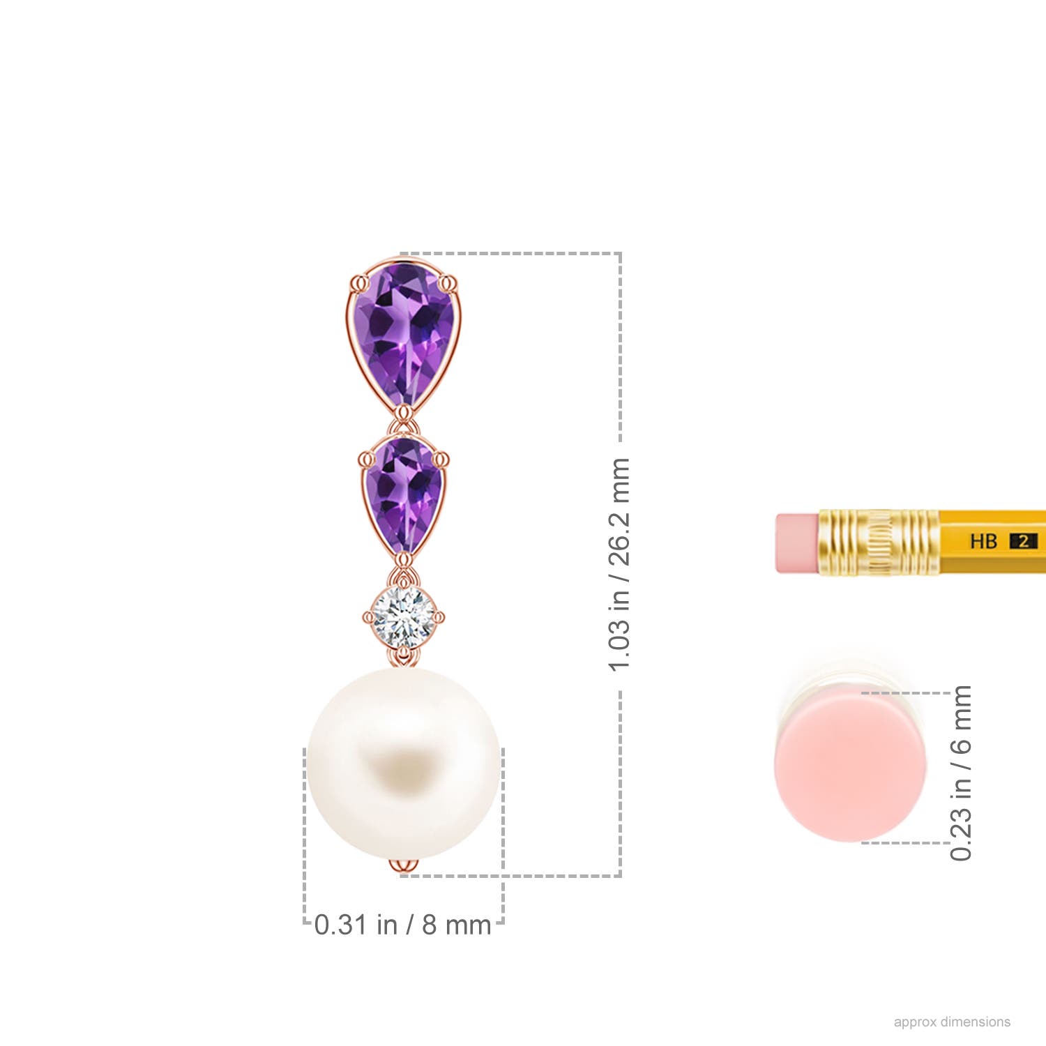 8mm AAA Freshwater Pearl and Graduated Pear Amethyst Drop Earrings in Rose Gold - ruler