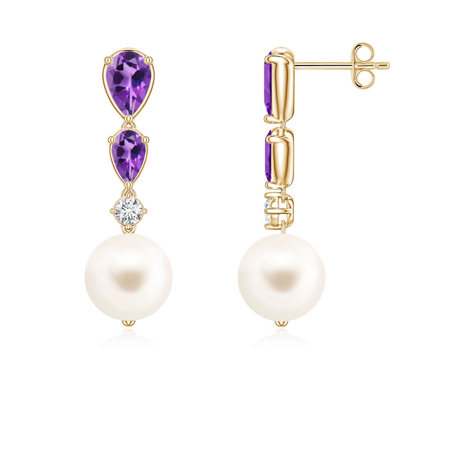 8mm AAA Freshwater Pearl and Graduated Pear Amethyst Drop Earrings in Yellow Gold
