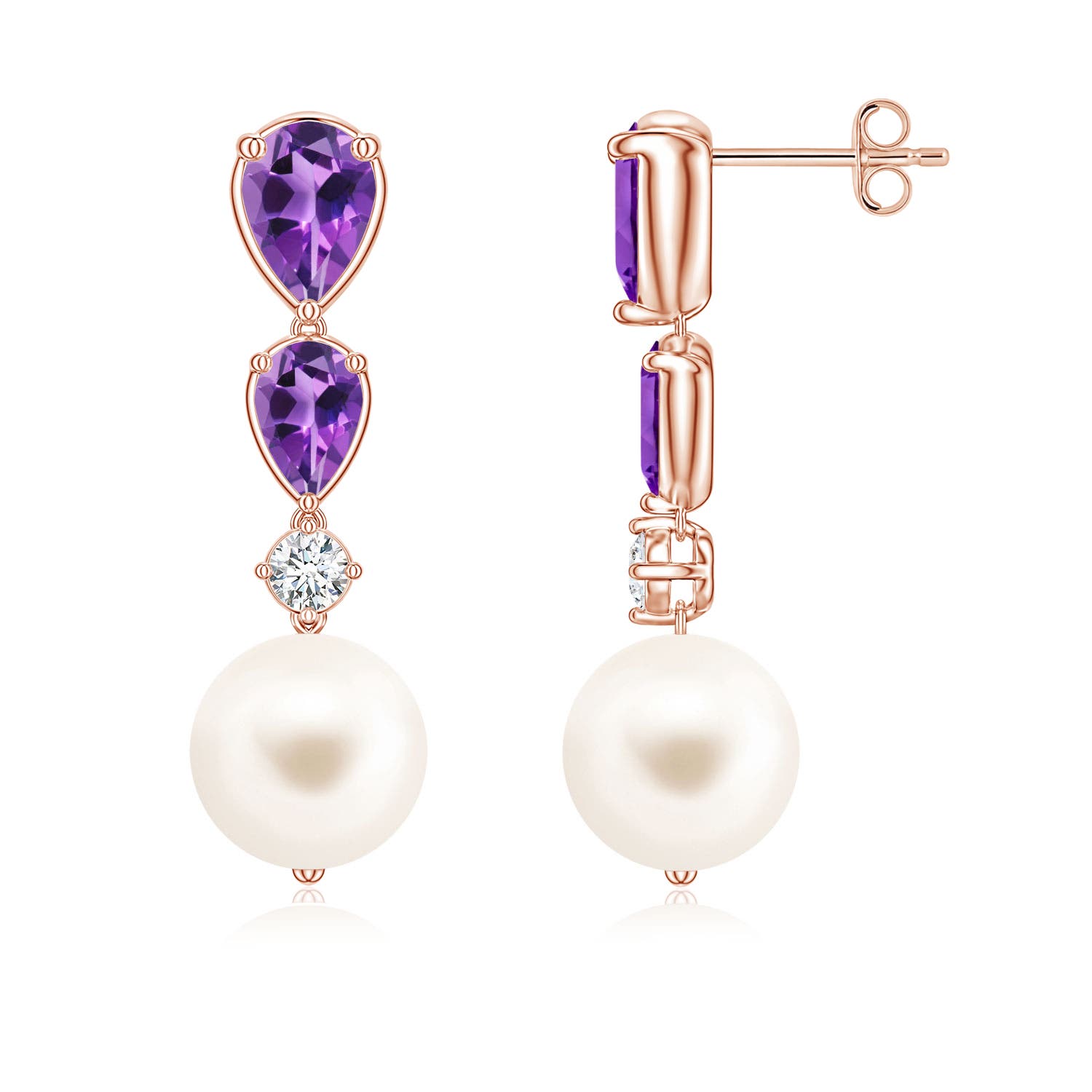 9mm AAA Freshwater Pearl and Graduated Pear Amethyst Drop Earrings in 18CT Rose Gold