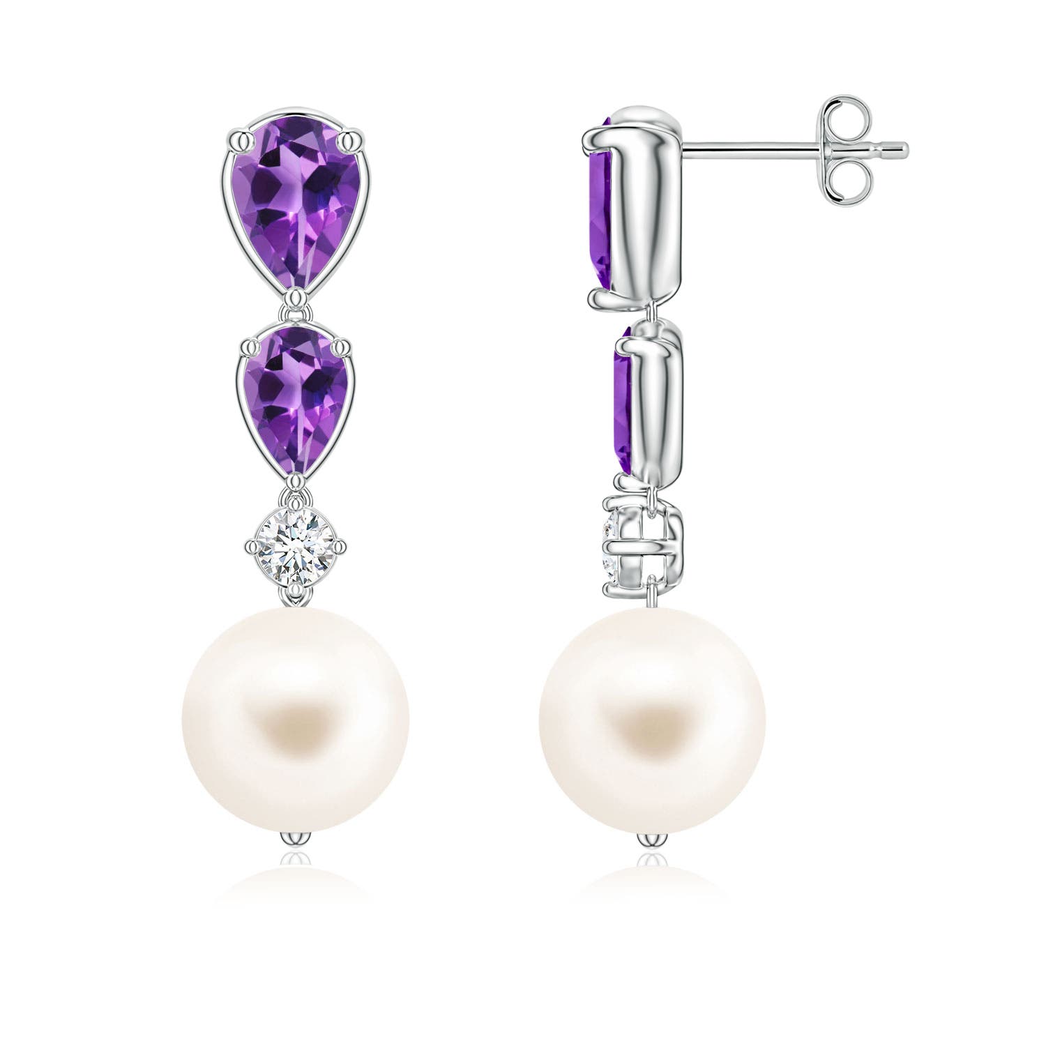 9mm AAA Freshwater Pearl and Graduated Pear Amethyst Drop Earrings in White Gold