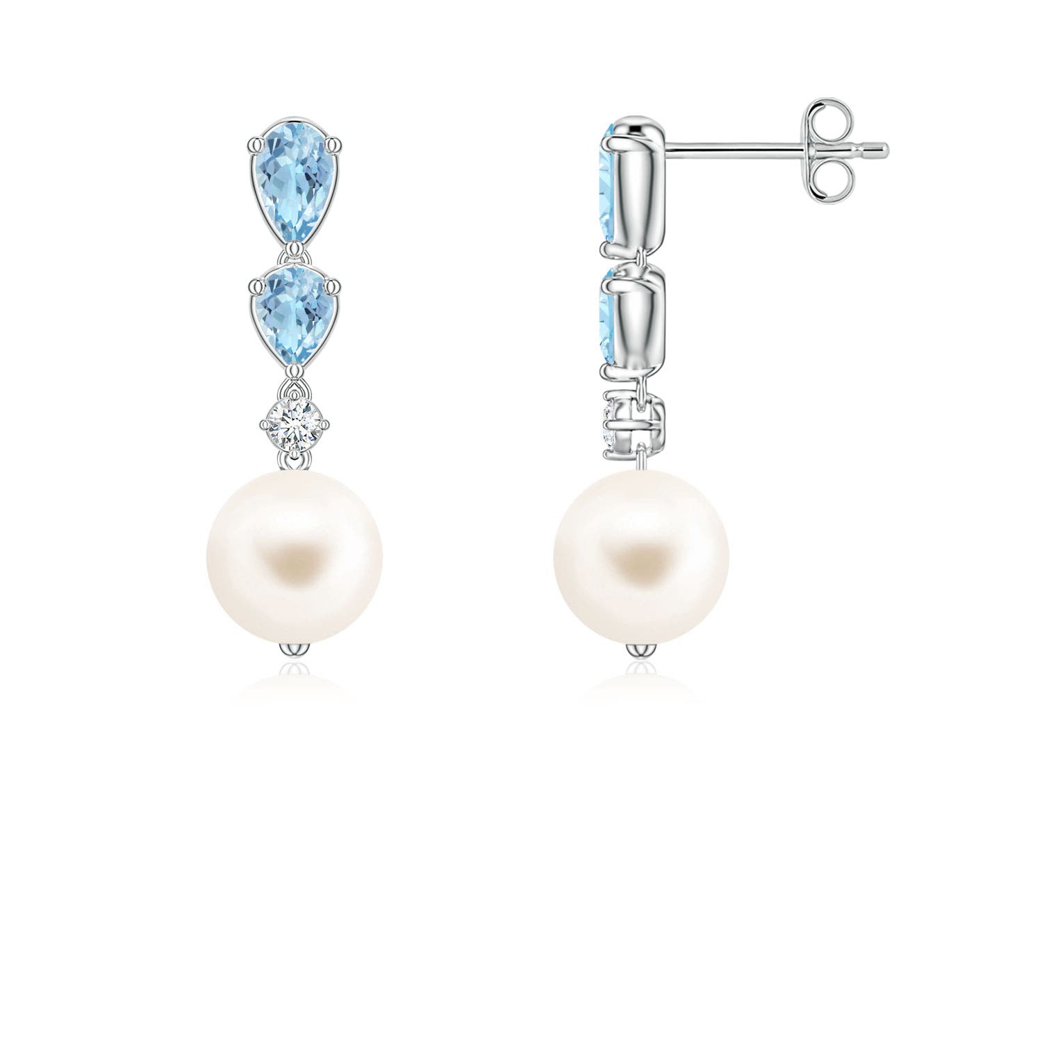 7mm AAA Freshwater Pearl and Graduated Pear Aquamarine Drop Earrings in White Gold