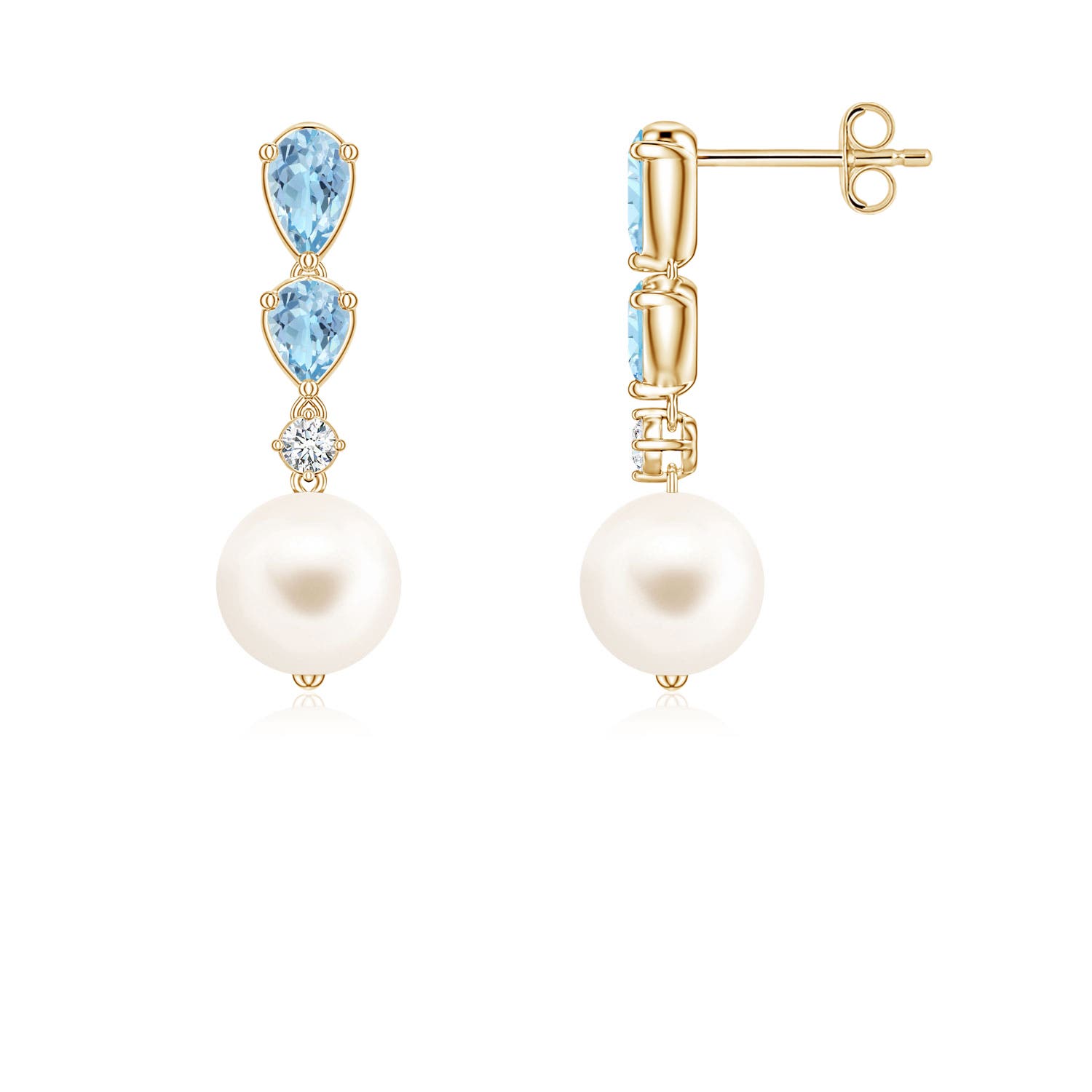 7mm AAA Freshwater Pearl and Graduated Pear Aquamarine Drop Earrings in Yellow Gold