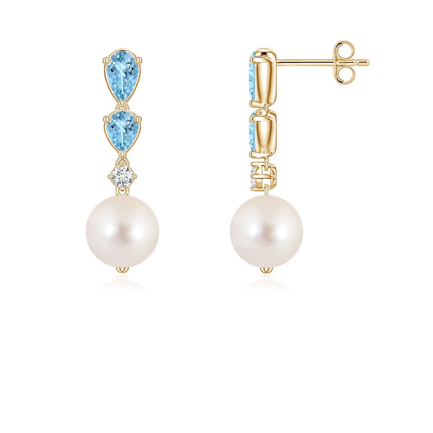 7mm AAAA Freshwater Pearl and Graduated Pear Aquamarine Drop Earrings in Yellow Gold