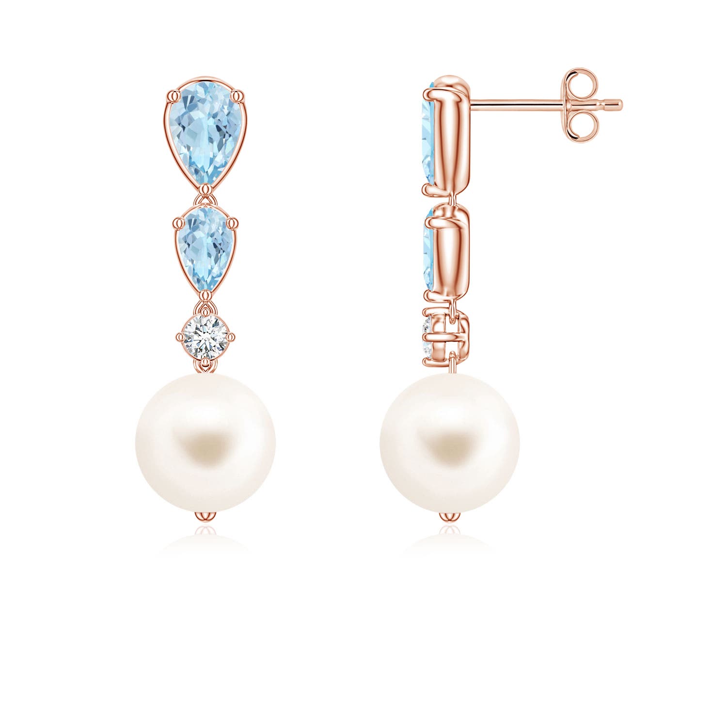 8mm AAA Freshwater Pearl and Graduated Pear Aquamarine Drop Earrings in Rose Gold