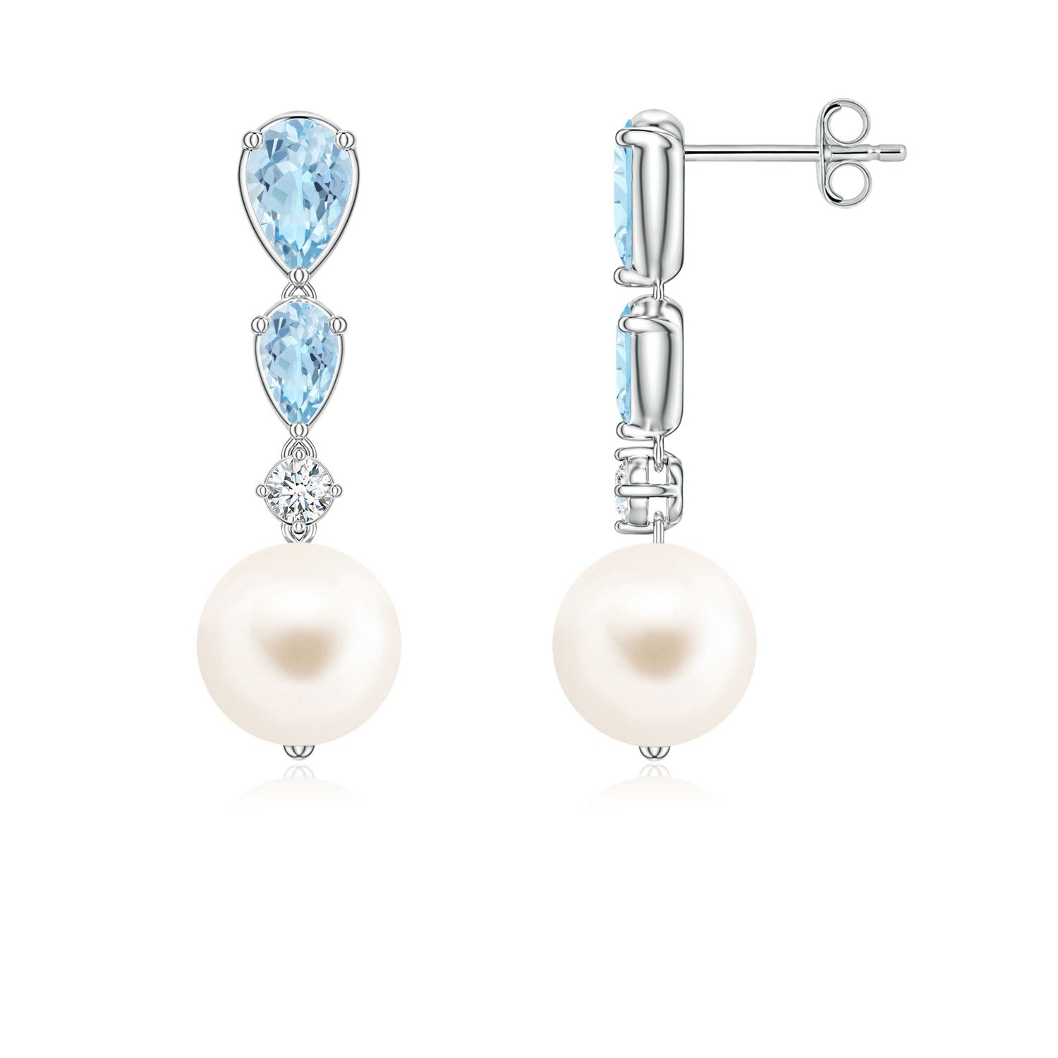8mm AAA Freshwater Pearl and Graduated Pear Aquamarine Drop Earrings in White Gold