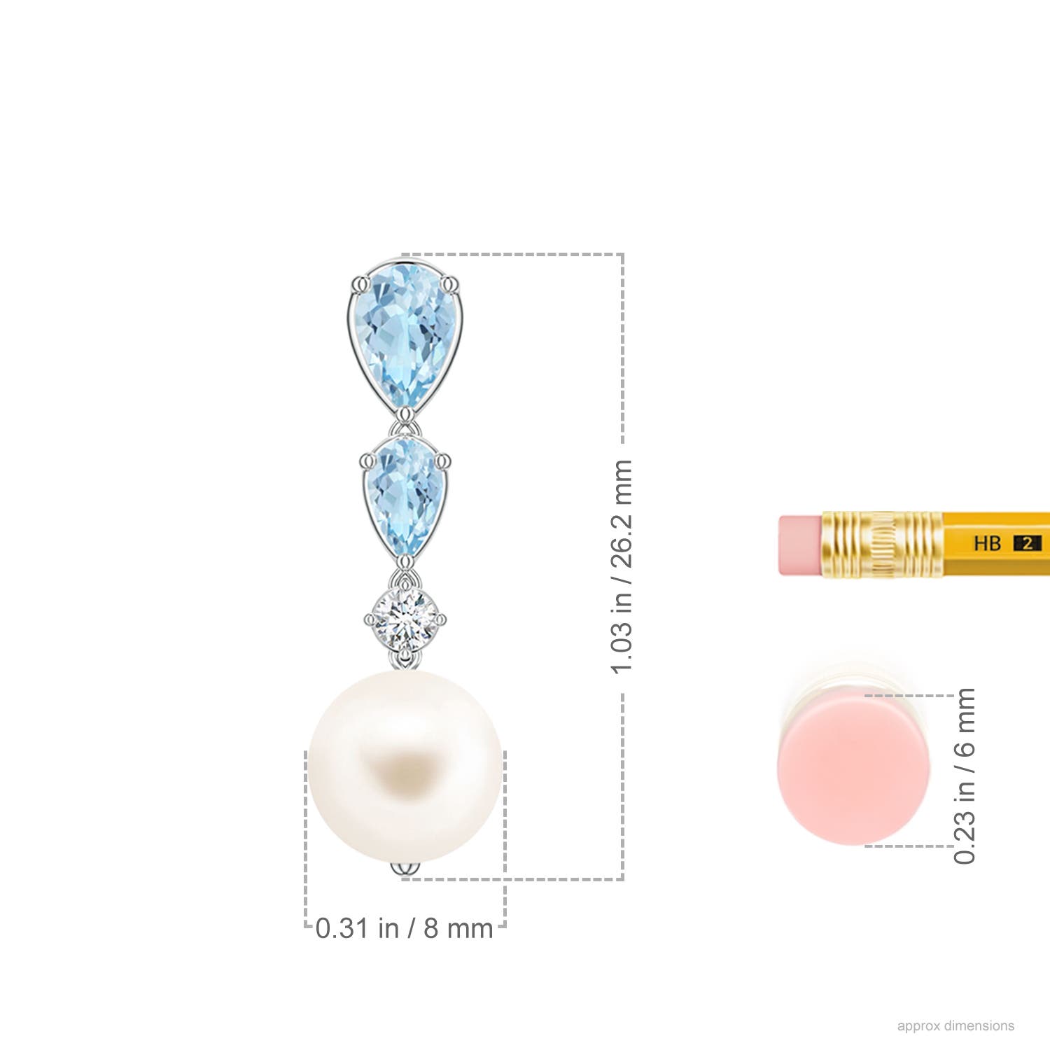 8mm AAA Freshwater Pearl and Graduated Pear Aquamarine Drop Earrings in White Gold - ruler