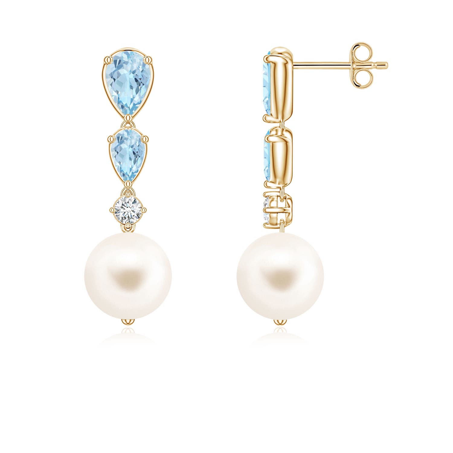 8mm AAA Freshwater Pearl and Graduated Pear Aquamarine Drop Earrings in Yellow Gold