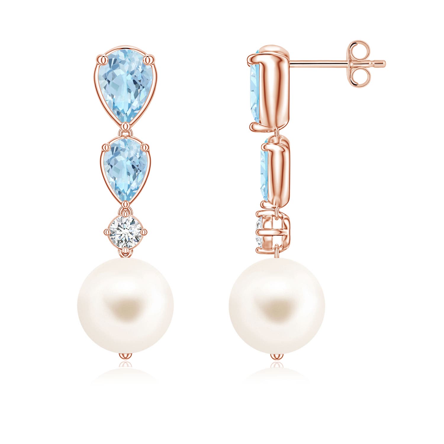 9mm AAA Freshwater Pearl and Graduated Pear Aquamarine Drop Earrings in Rose Gold