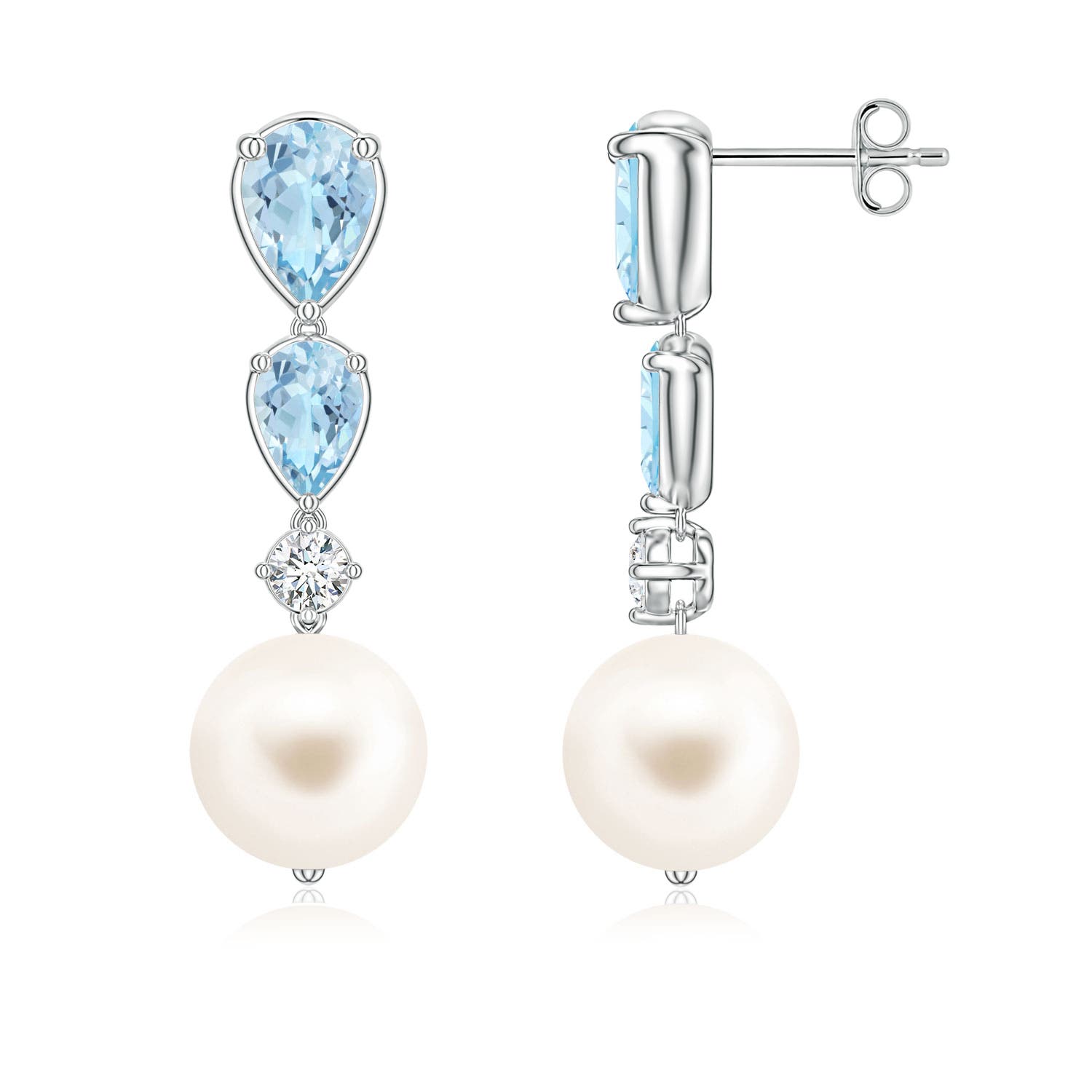 9mm AAA Freshwater Pearl and Graduated Pear Aquamarine Drop Earrings in White Gold