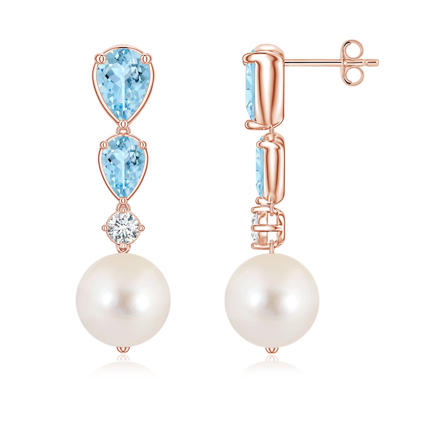 9mm AAAA Freshwater Pearl and Graduated Pear Aquamarine Drop Earrings in 18CT Rose Gold