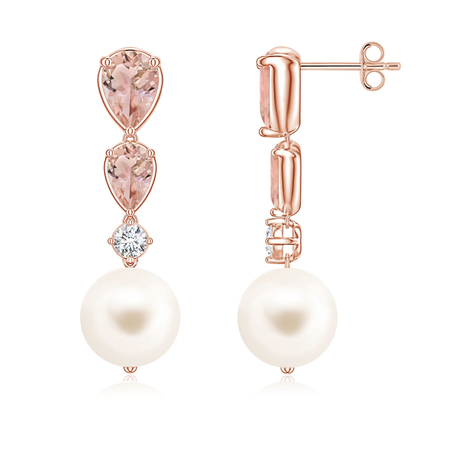 9mm AAA Freshwater Pearl and Graduated Pear Morganite Drop Earrings in Rose Gold