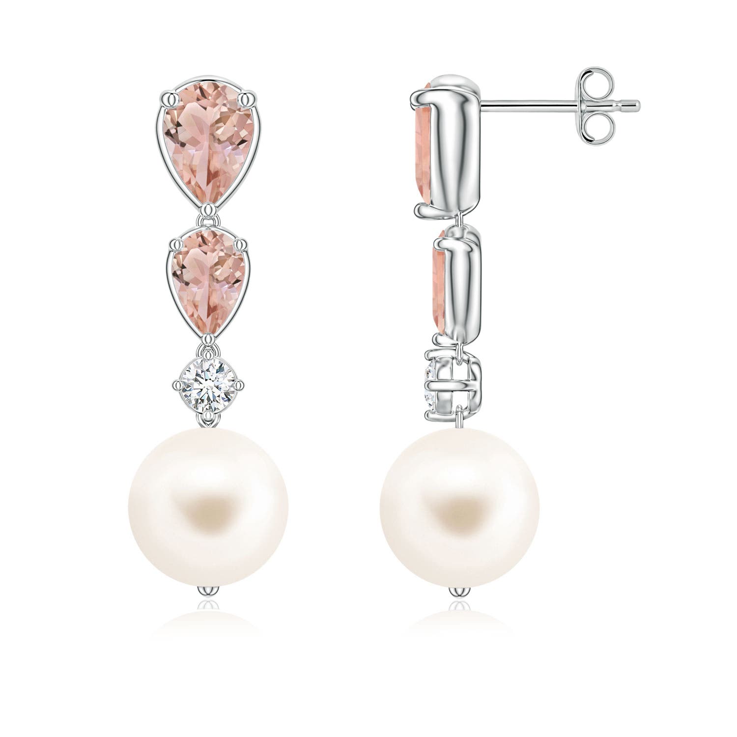 9mm AAA Freshwater Pearl and Graduated Pear Morganite Drop Earrings in White Gold
