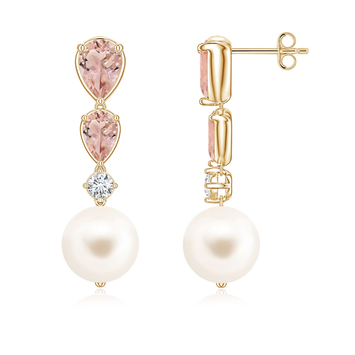 9mm AAA Freshwater Pearl and Graduated Pear Morganite Drop Earrings in Yellow Gold