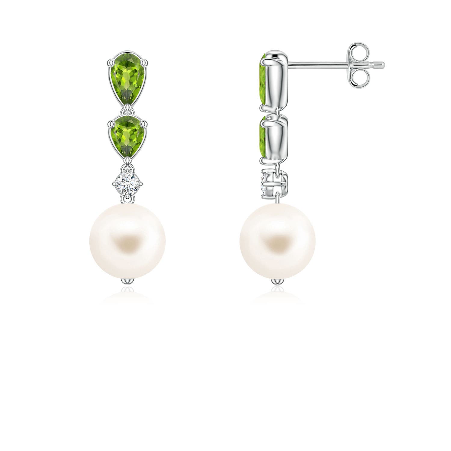 7mm AAA Freshwater Pearl and Graduated Pear Peridot Drop Earrings in White Gold