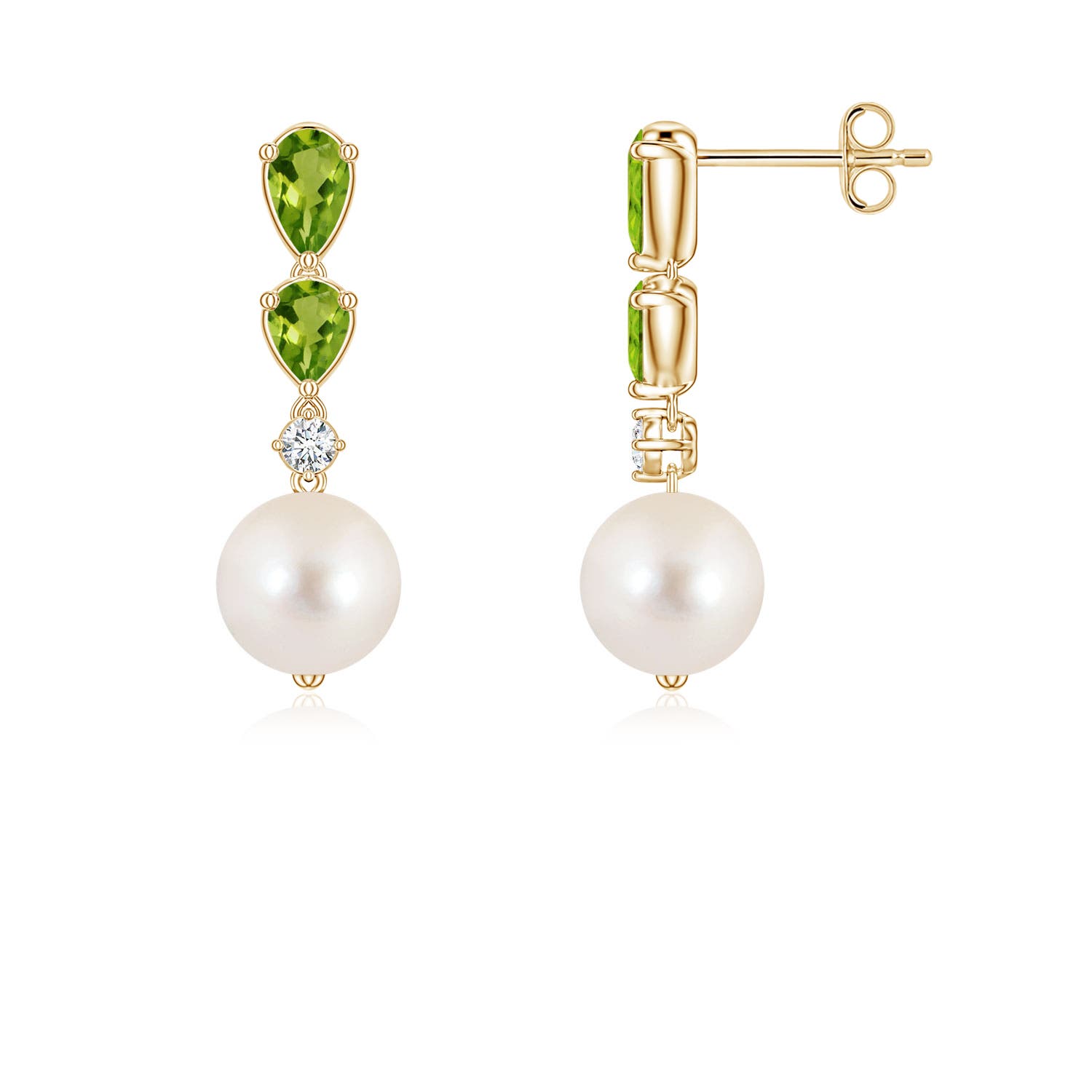7mm AAAA Freshwater Pearl and Graduated Pear Peridot Drop Earrings in Yellow Gold