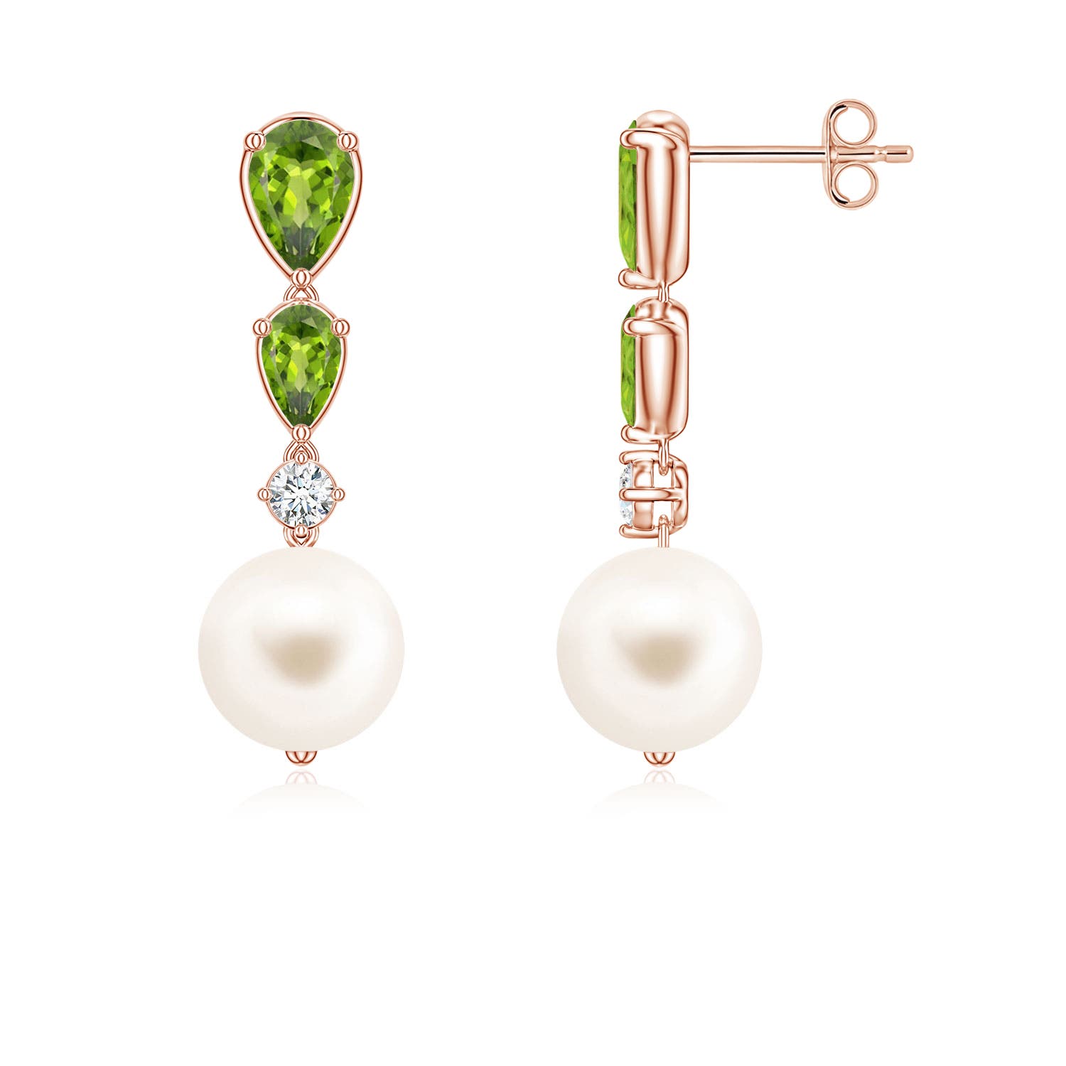 8mm AAA Freshwater Pearl and Graduated Pear Peridot Drop Earrings in Rose Gold