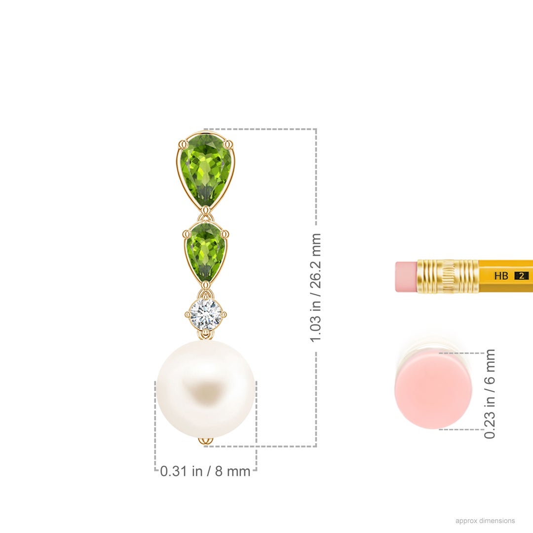 8mm AAA Freshwater Pearl and Graduated Pear Peridot Drop Earrings in Yellow Gold - ruler