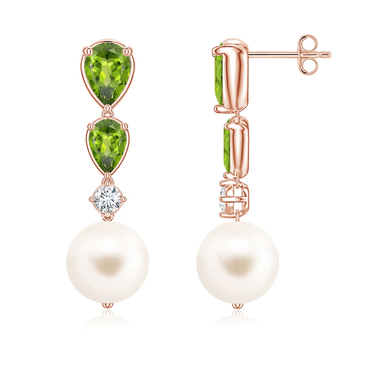9mm AAA Freshwater Pearl and Graduated Pear Peridot Drop Earrings in 18CT Rose Gold