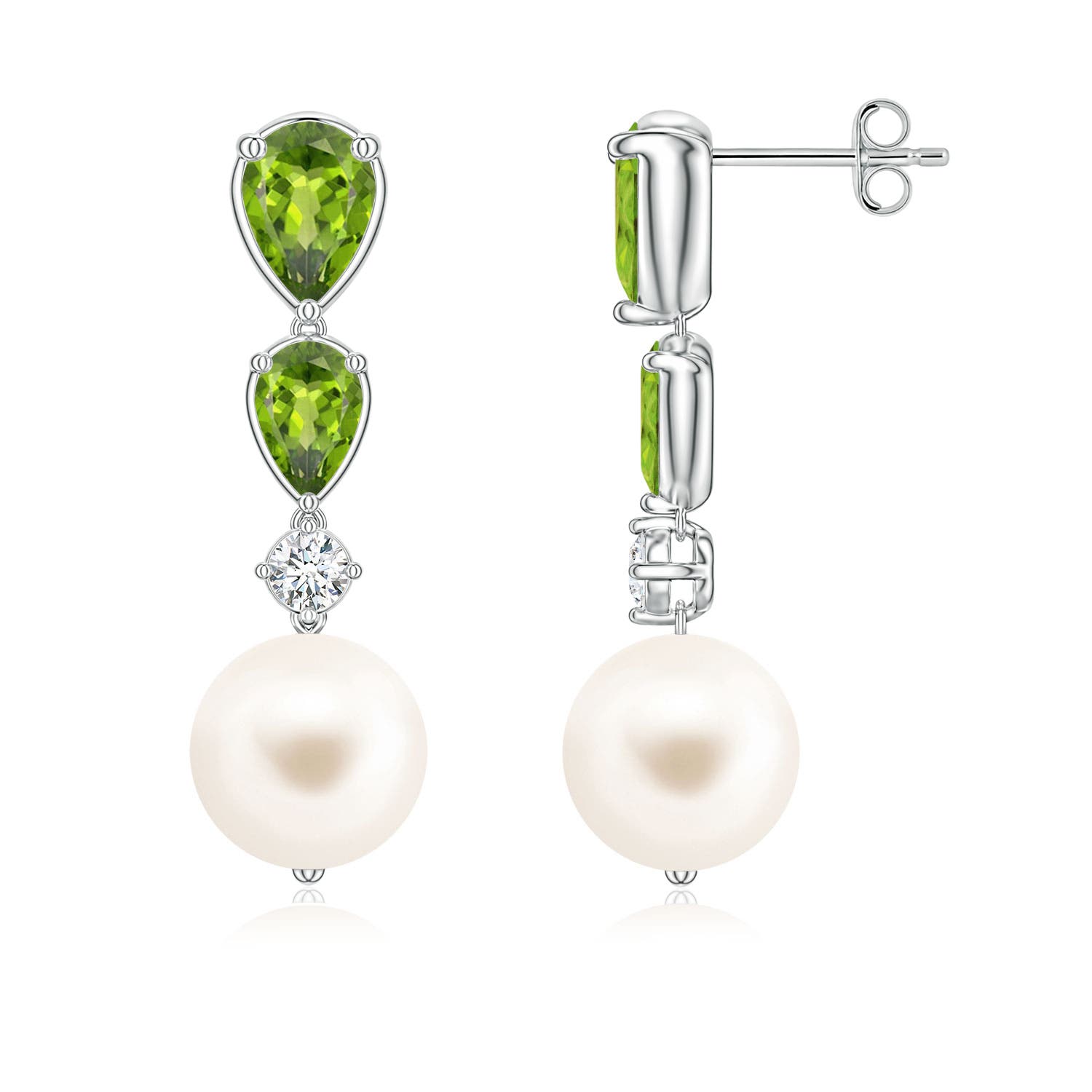 9mm AAA Freshwater Pearl and Graduated Pear Peridot Drop Earrings in White Gold