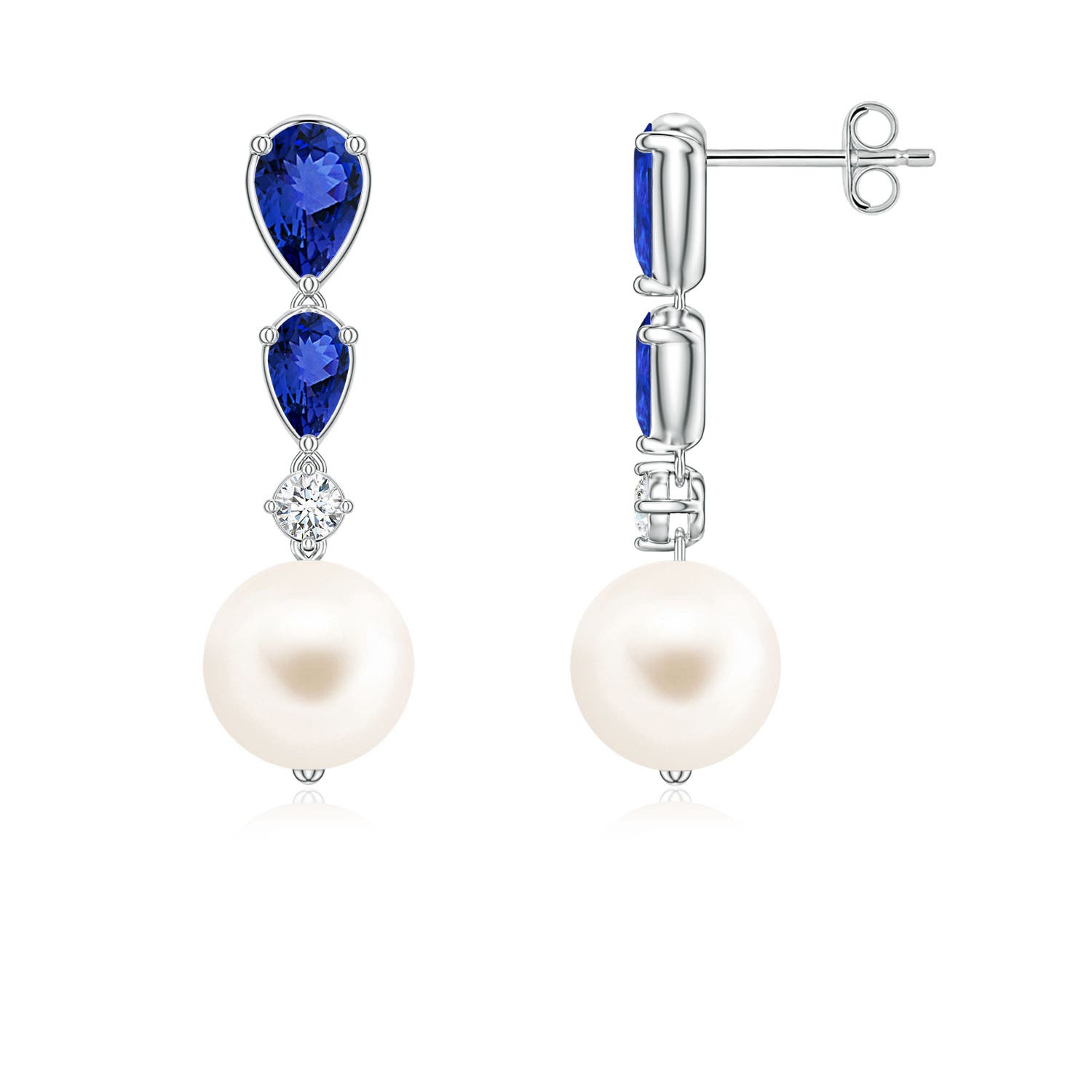8mm AAA Freshwater Pearl and Graduated Pear Tanzanite Drop Earrings in White Gold