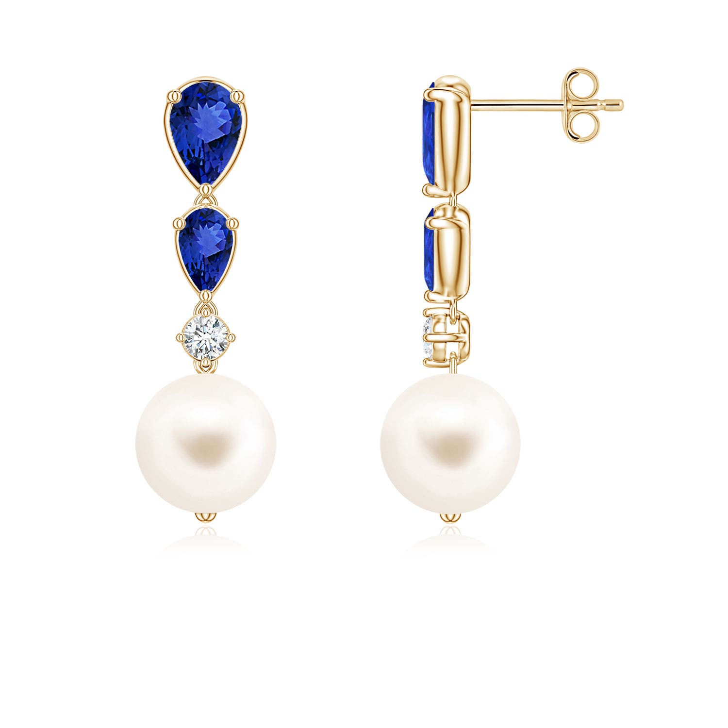 8mm AAA Freshwater Pearl and Graduated Pear Tanzanite Drop Earrings in Yellow Gold