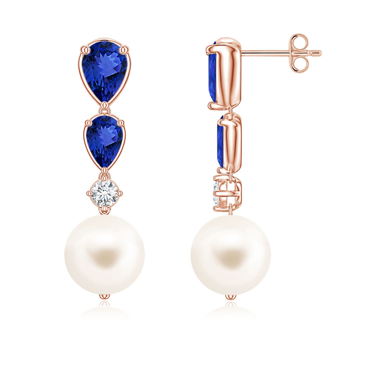 9mm AAA Freshwater Pearl and Graduated Pear Tanzanite Drop Earrings in Rose Gold