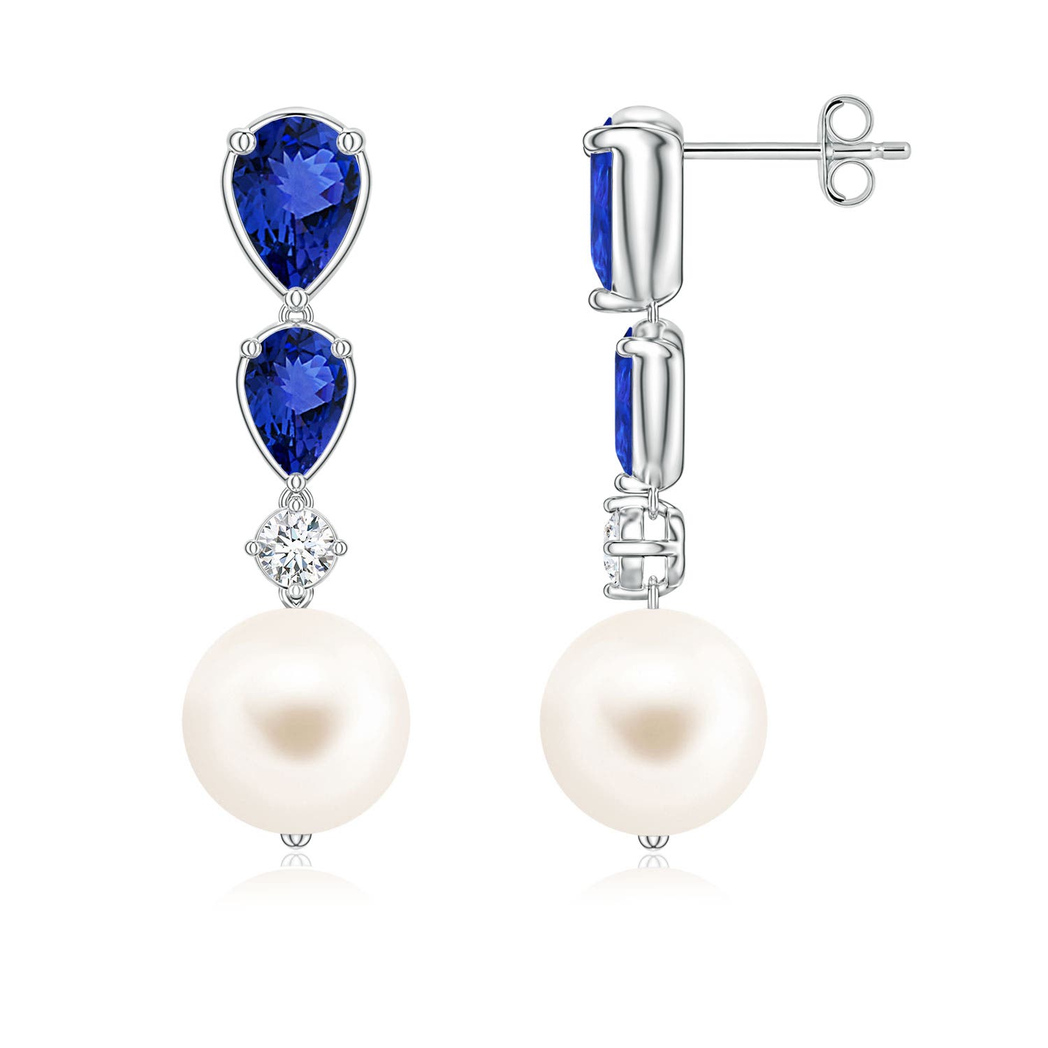 9mm AAA Freshwater Pearl and Graduated Pear Tanzanite Drop Earrings in White Gold