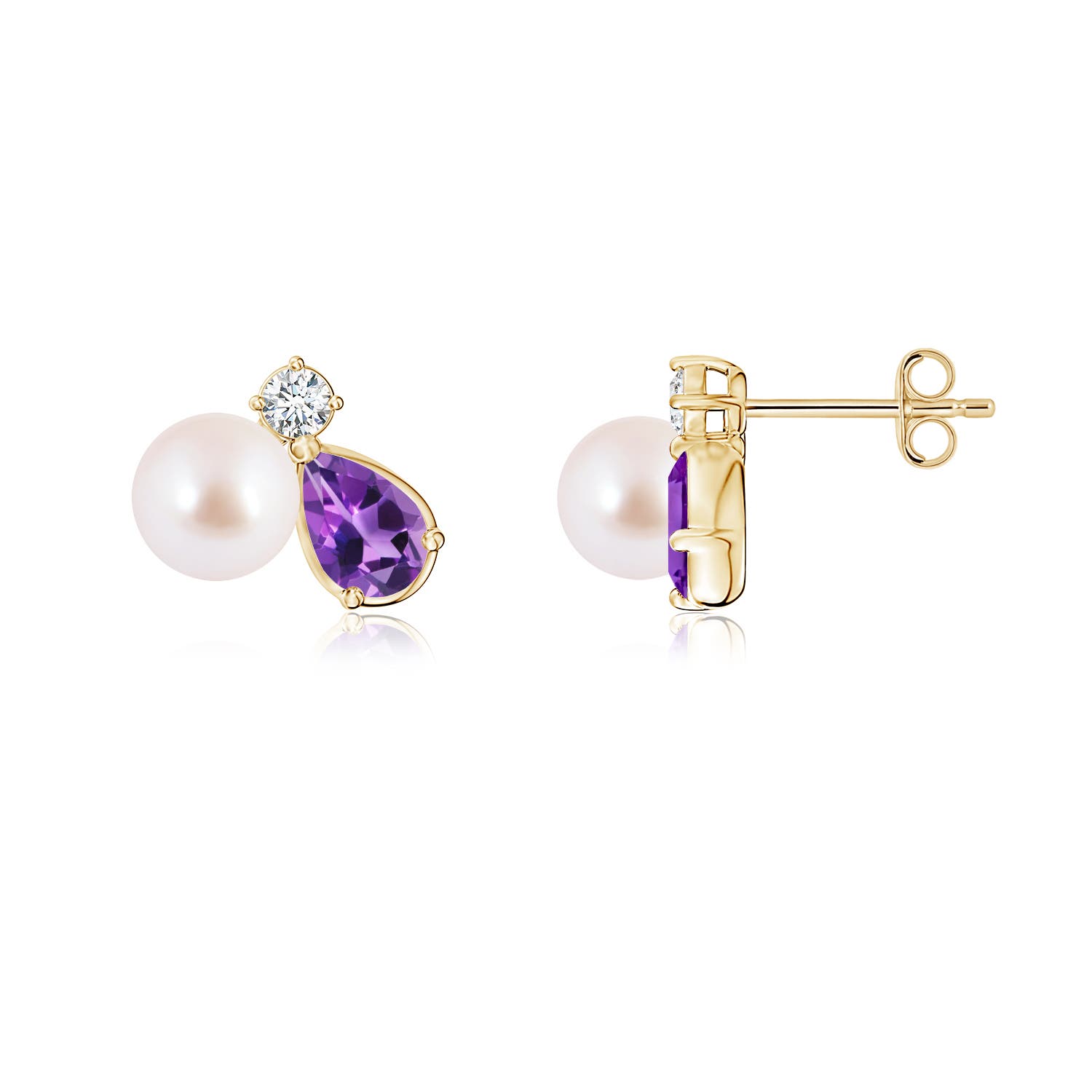 6mm AAA Akoya Pearl and Pear Amethyst Cluster Stud Earrings in Yellow Gold