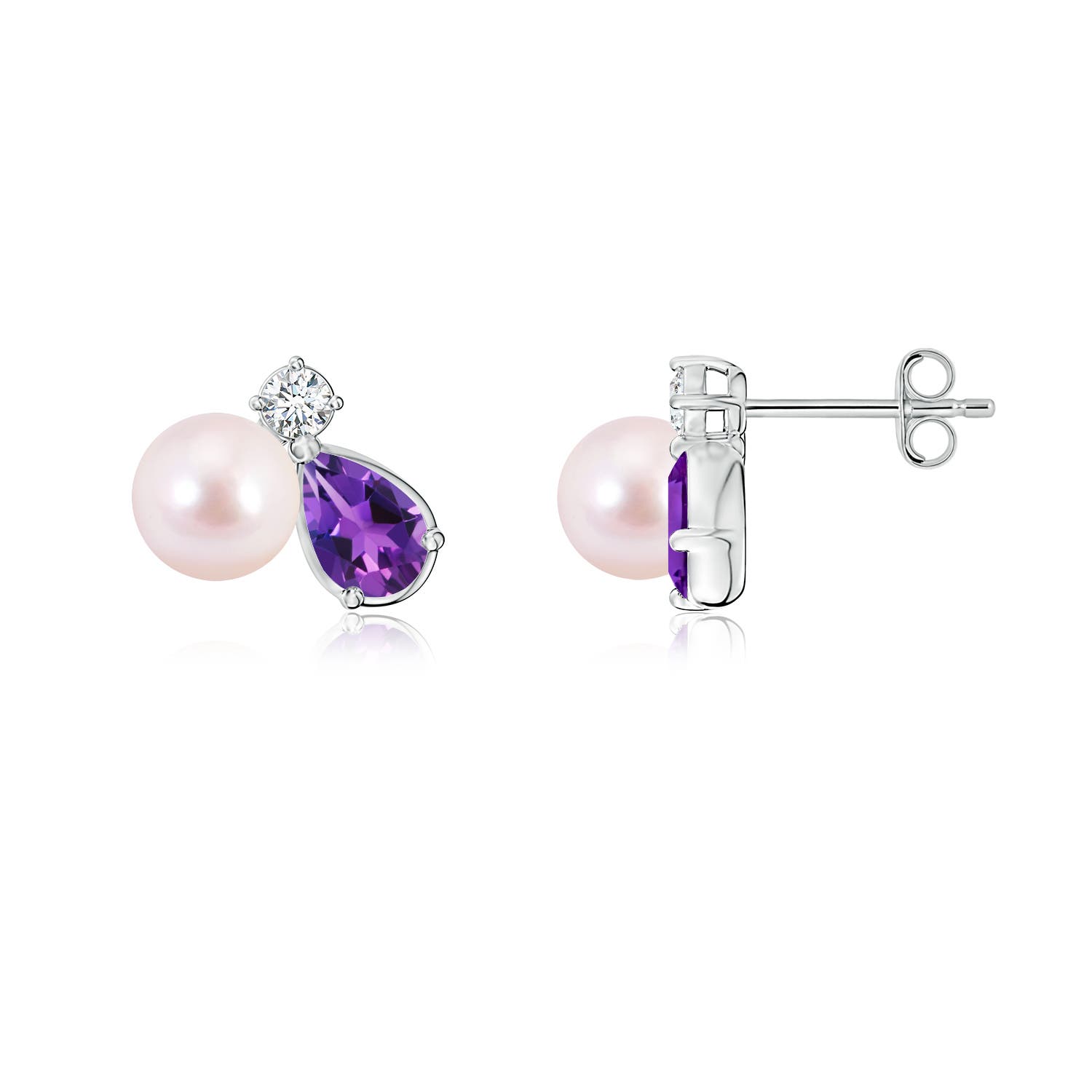 6mm AAAA Akoya Pearl and Pear Amethyst Cluster Stud Earrings in White Gold