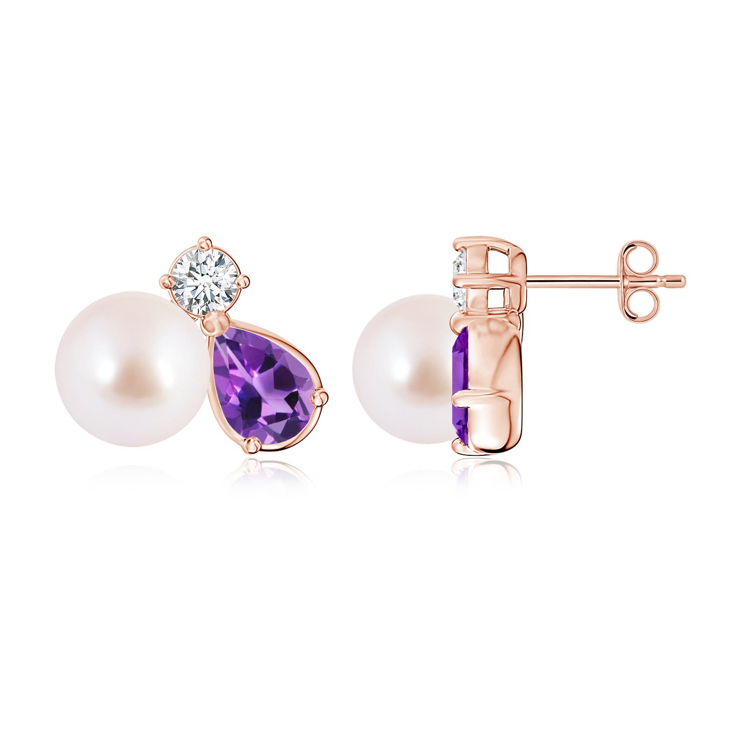 8mm AAA Akoya Pearl and Pear Amethyst Cluster Stud Earrings in 18K Rose Gold