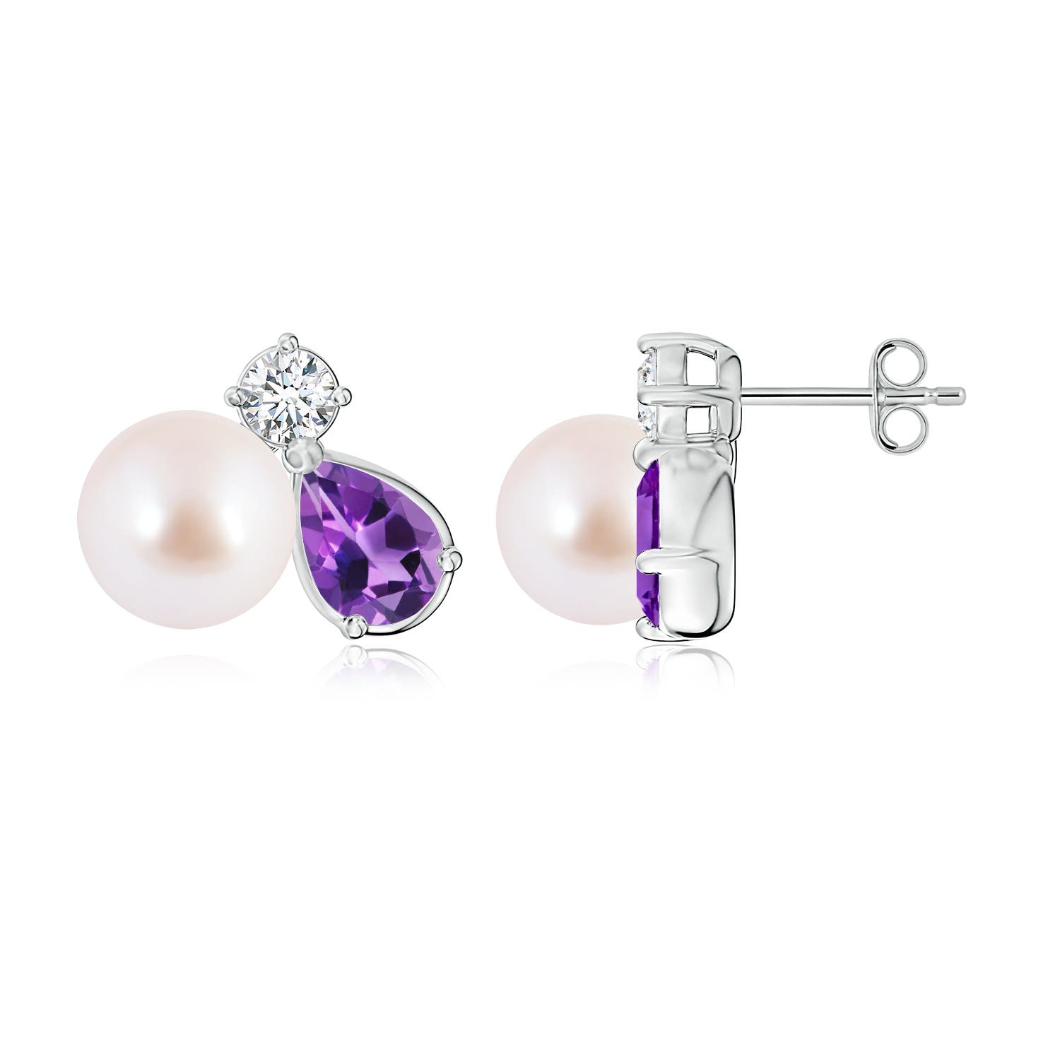 8mm AAA Akoya Pearl and Pear Amethyst Cluster Stud Earrings in White Gold