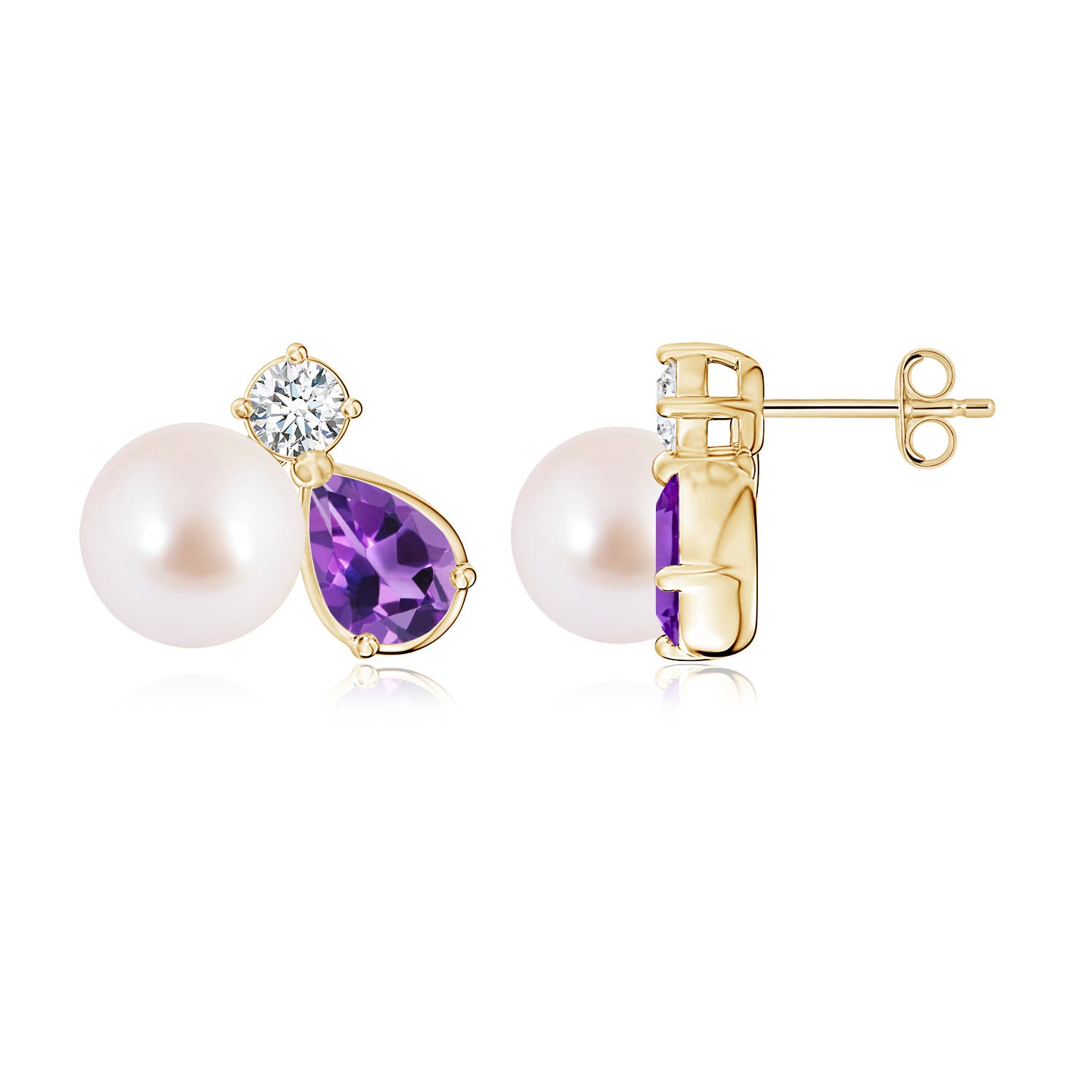 8mm AAA Akoya Pearl and Pear Amethyst Cluster Stud Earrings in Yellow Gold
